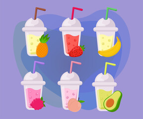 Refreshing drinks with fruit flavors vector illustrations set. Collection of cartoon drawings of plastic cups with juice or lemonade and fruits on abstract background. Fruit, refreshment, summer conce