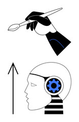 Hand holding paintbrush, robotic head with gears, upward arrow signifying progress and innovation. Ideal for technology, creativity, AI, artistic expression, progress innovation education. Line