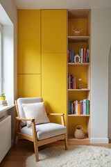 Modern Yellow Built-in Bookcase with Cozy Reading Nook for Vibrant Home Interior