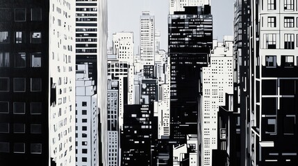 Obraz premium A monochromatic cityscape featuring tall buildings and urban architecture.