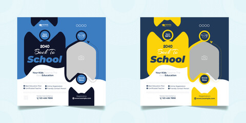 School admission open social media post design, back-to-school promotion square banner layout template, educational Instagram and Facebook post 