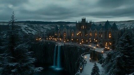 Naklejka premium Enchanting Castle by Waterfall, Winter Night Scene