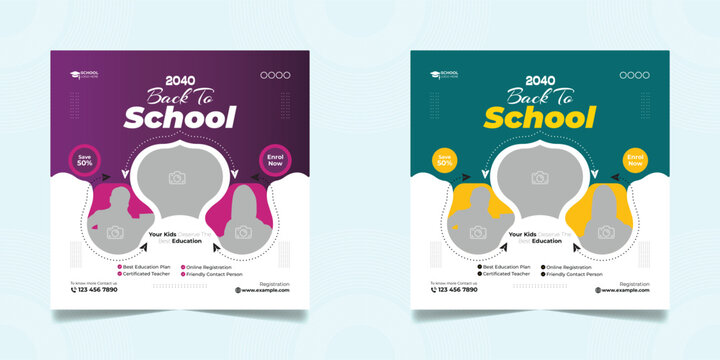 School admission open social media post design, back-to-school promotion square banner layout template, educational Instagram and Facebook post 