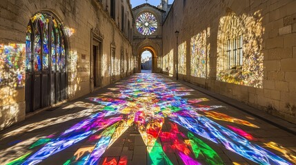 Colorful stained-glass light projections illuminate a stone courtyard, creating a vibrant pathway.