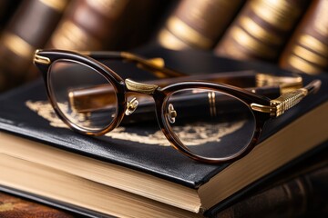 Eyeglasses and fountain pen on antique books.