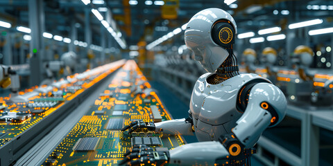 Fototapeta premium Humanoid robot working on electronics in a smart factory, High-tech automation in the electronics industry