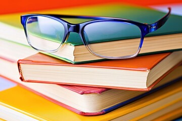 Blue glasses rest on a stack of colorful books.