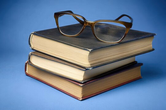 Eyeglasses resting on a stack of vintage books against a blue background.