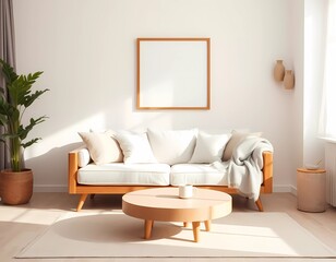 A bright and serene living room featuring a contemporary white sofa, wooden furniture, and stylish accessories blending natural tones to create an inviting ambience.