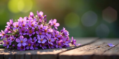 Obraz na płótnie Canvas Heaps of small purple flowers on a wooden table, wildflowers, purple