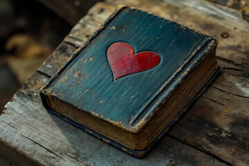 A book with a red heart on top of it sitting on a wooden table