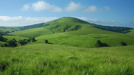 Rolling Green Hills and Lush Pastureland under a Blue Sky
