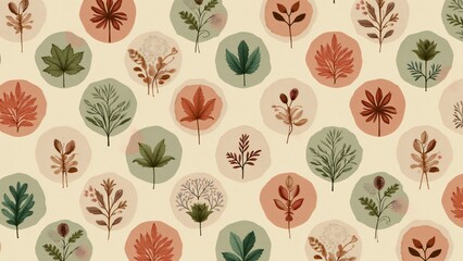 Círculos con detalles naturales como hojas y flores en tonos terracota y verde musgo sobre fondo taupe. Diseño moderno ideal para proyectos ecológicos elegantes.