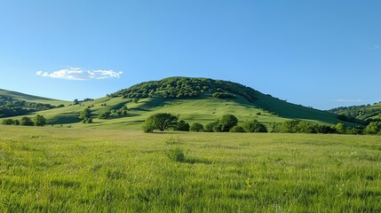 Fototapeta premium Lush Green Hillside Meadow Under a Clear Blue Sky
