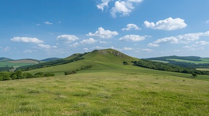 Obraz premium Rolling Green Hills and a Prominent Hilltop Under a Blue Sky