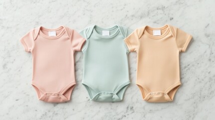 Baby bodysuit clothing mockup and stylish Three baby onesies in pastel colors on a marble surface.