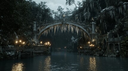 Obraz premium Enchanting Frozen Bridge Over Mystical Canal