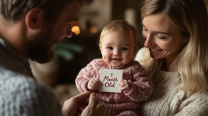 New parents capturing a picture of their baby holding a "1 Month Old" milestone card