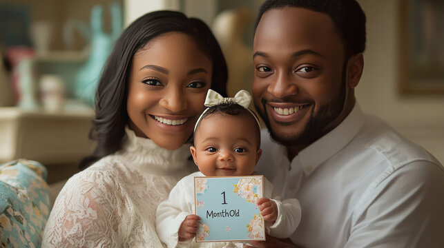 New parents capturing a picture of their baby holding a "1 Month Old" milestone card