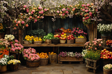 Fototapeta premium A bunch of baskets of fruit and flowers on a wooden table