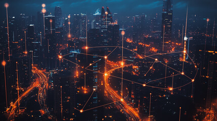 Obraz premium Abstract businesswoman stands on the peak of success Smart digital city with connection cyber security network reciprocity over the cityscape future wireless digital city and social media networking