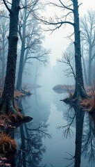 Obraz premium Icy mist rises over a flooded wetland with skeletal trees, frozen, winter