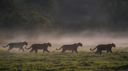 A Majestic Group of Tigers Walking Gracefully Through a Misty Landscape at Dawn, Capturing the Essence of Wildlife in Its Natural Habitat