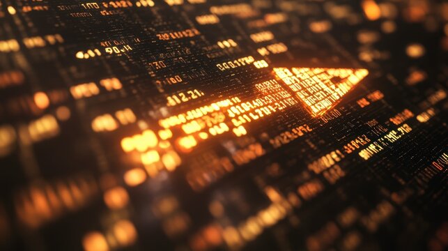 Glowing arrow shaped data stream on digital screen.