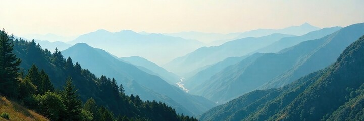 Fototapeta premium Misty mountains with rolling hills and valleys below, mountain, terrain