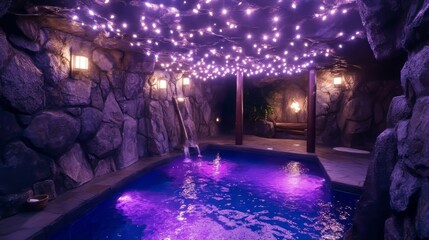 Enchanting Indoor Pool with Waterfall and Starry Lights