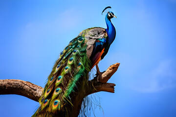 Naklejka premium A peacock with a large beautiful tail sits on a tree branch against the blue sky.