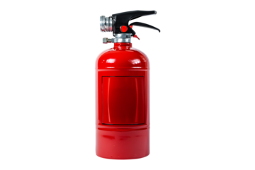 Red fire extinguisher royalty free image isolated on cut out PNG or transparent background. Fire extinguishers to help reduce damage from fires. Use in industrial plants, factories or in cars.