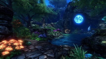 Obraz premium Enchanting Moonlit Grotto with Glowing Flora and Pond