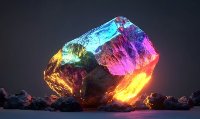 Luminous iridescent crystal gemstone on dark surface.