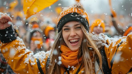 Jubilant woman in orange winter attire amidst a snow flurry and cheering crowd.