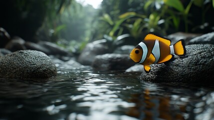 Clownfish Swimming Among Stones in a Tranquil Stream Surrounded by Lush Greenery and Natural Light, Showcasing Nature's Beauty and Serenity in Aquatic Life