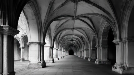 Fototapeta premium A monochrome corridor with arched ceilings and columns, creating a sense of depth and symmetry.