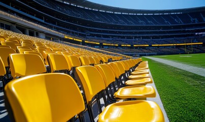 Empty yellow stadium seats and green field.