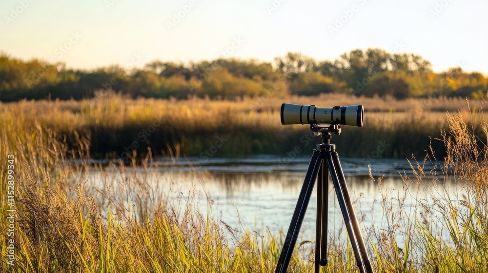 Poster a peaceful birdwatching hideout in a wetland reserve, binoculars and field guides systematically pla
