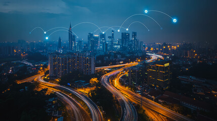 Obraz premium Abstract businesswoman stands on the peak of success Smart digital city with connection cyber security network reciprocity over the cityscape future wireless digital city and social media networking