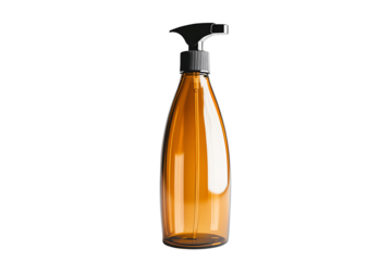 Blank plastic yellow, brown spray bottle tall isolated on cut out PNG or transparent background. Can be used to fill mineral water spray for the face, deodorant spray or body spray. Cleaning agent.