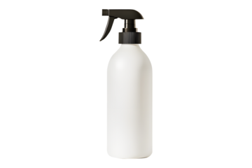 Blank plastic white spray bottle tall isolated on cut out PNG or transparent background. Fill mineral water spray for face, deodorant spray or body spray. Cleaning agent hand hygiene liquid soap.