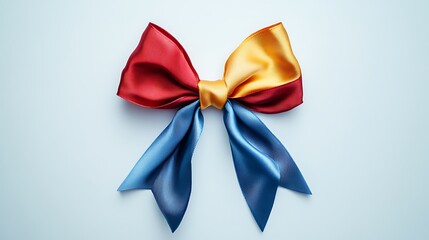 Naklejka premium Blue, red, and yellow bow on a white background. Beautiful ribbon with two parts for a gift or decoration. High-resolution photo. Banner design, real photography. candid 