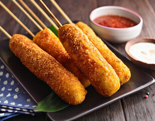 Golden-brown corn dogs on wooden skewers are served on a dark plate with red and dipping sauces on the side.