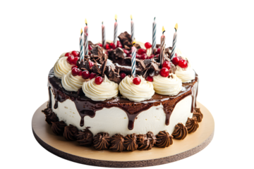 birthday cake with candles isolated on transparent background, cut out, PNG