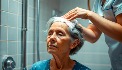 Senior woman receiving hygiene assistance with care at home for elderly care concept