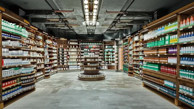 Modern Grocery Store Interior:  A wide shot of a spacious, modern grocery store interior with wooden shelves stocked with a variety of products.