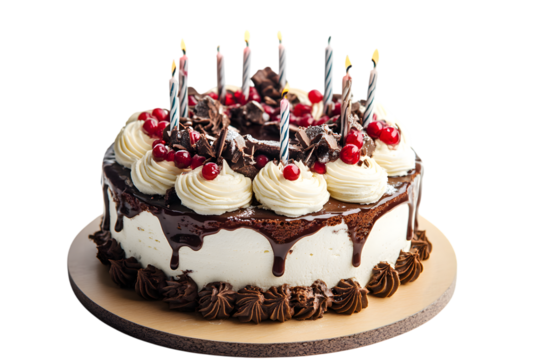 birthday cake with candles isolated on transparent background, cut out, PNG