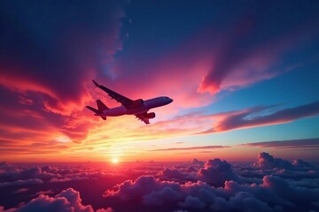 Obraz premium Plane flying towards a brightly colored sky as day meets night, dusk, flight, airplane