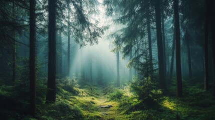 Sunlight streaming through the trees in a misty forest